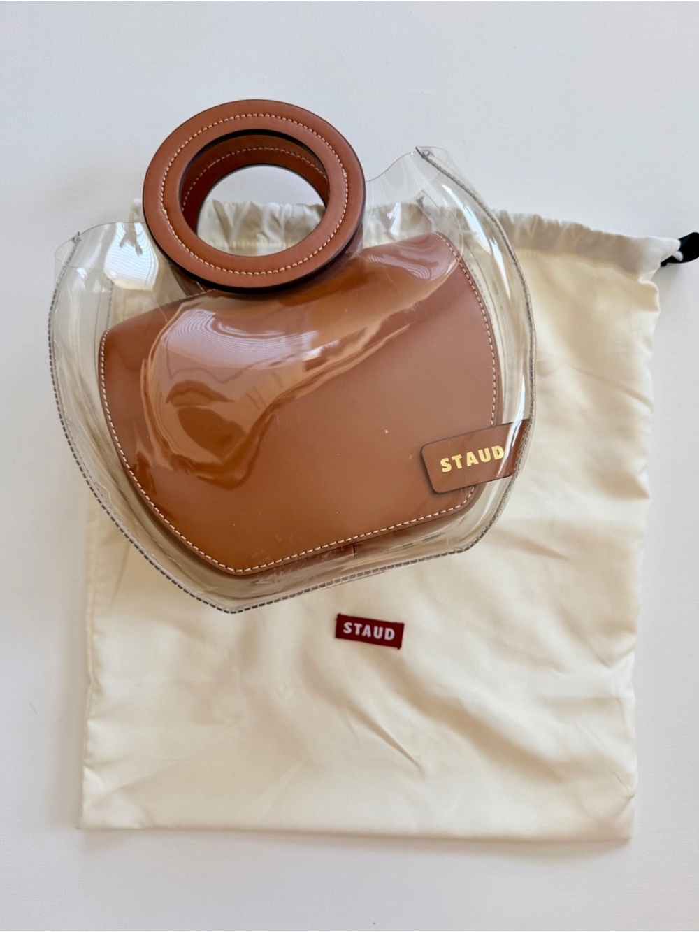 STAUD Frida Clear PVC & Tan Leather Ring Tote Bag with Dust Bag